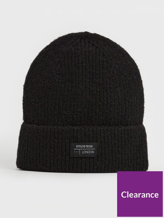 front image of new-look-black-ribbed-knit-tab-front-beanie