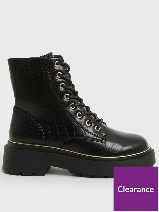 front image of new-look-black-faux-croc-chunky-lace-up-boots