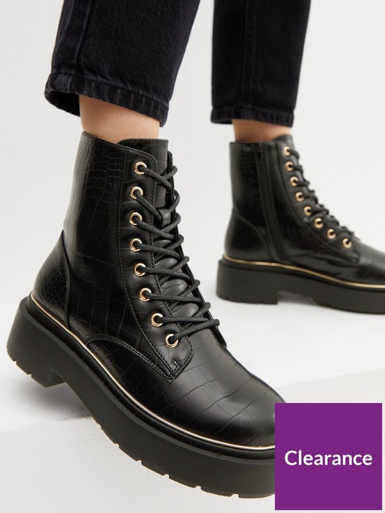 stillFront image of new-look-black-faux-croc-chunky-lace-up-boots