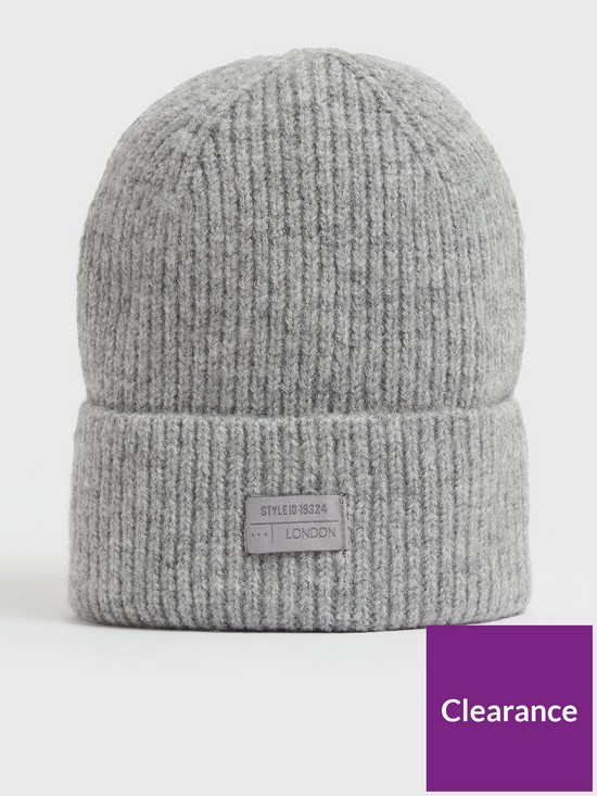 front image of new-look-pale-grey-ribbed-knit-tab-front-beanie