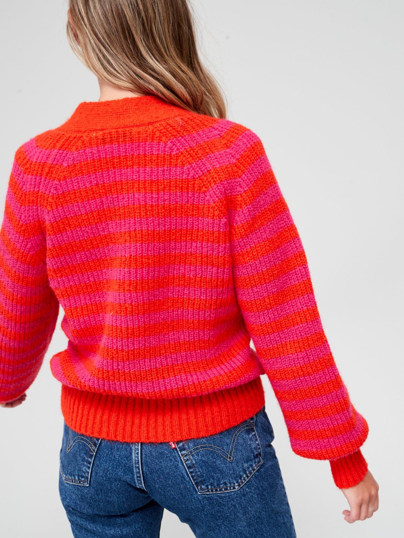  image of v-by-very-v-neck-stripe-cardigan-hot-pink