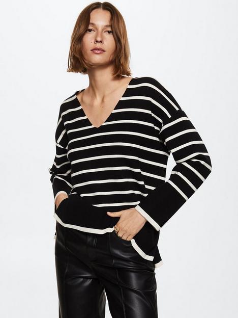 mango-v-neck-fine-knit-stripe-jumper-black