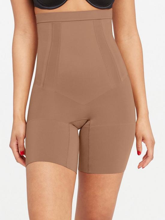 front image of spanx-oncore-high-waisted-mid-thigh-short-firm-control-cafeacute-au-lait