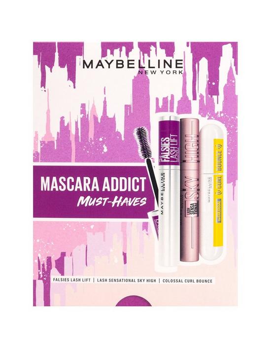front image of maybelline-new-york-mascara-addict-set-sky-high-mascara-curl-bounce-mascara-falsies-lash-lift-mascara-save-25-99ml
