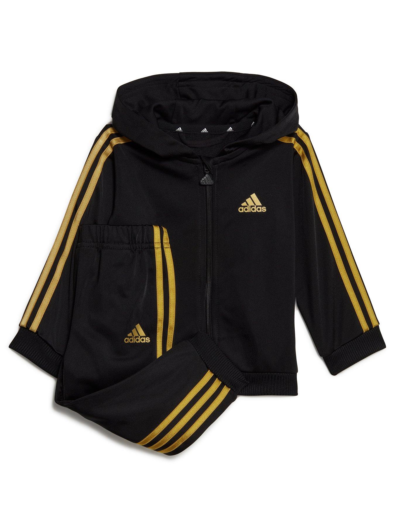 adidas Sportswear Infant 3 Stripes Shiny Full Zip Tracksuit Black Gold littlewoods