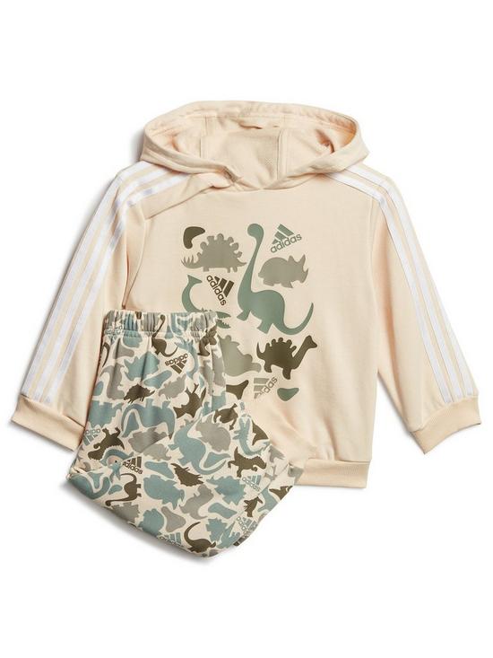 front image of adidas-sportswear-infant-dino-print-hoodie-amp-jogger-set-beige