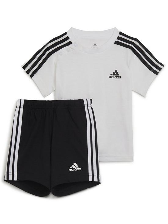 front image of adidas-sportswear-unisex-infant-3-stripe-short-amp-tee-set-whiteblack