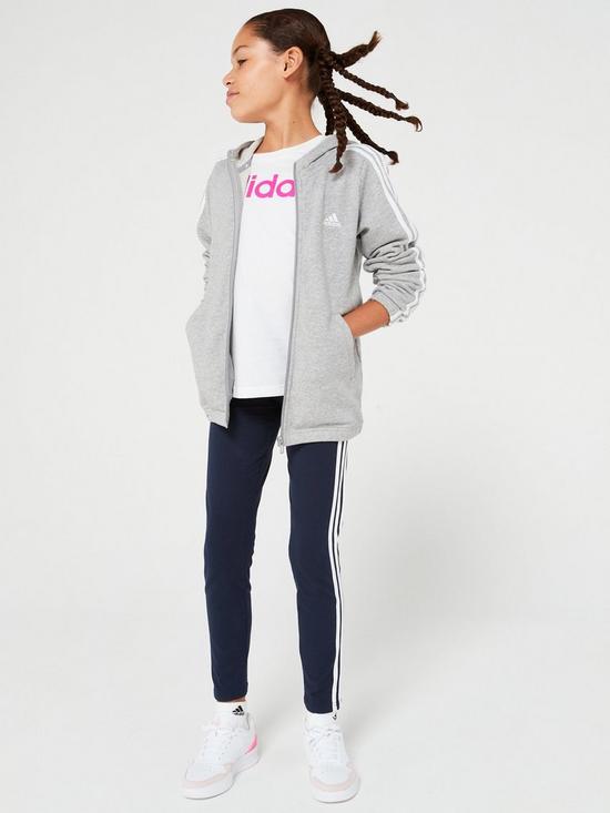 front image of adidas-sportswear-junior-girls-essentials-3-stripe-full-zip-hoodie-greywhite