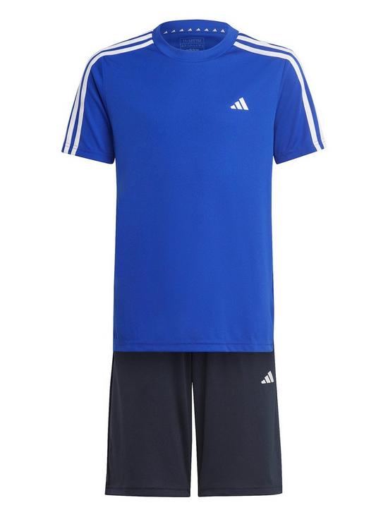 front image of adidas-junior-boys-train-essentials-3-stripes-short-amp-t-shirt-set-blue