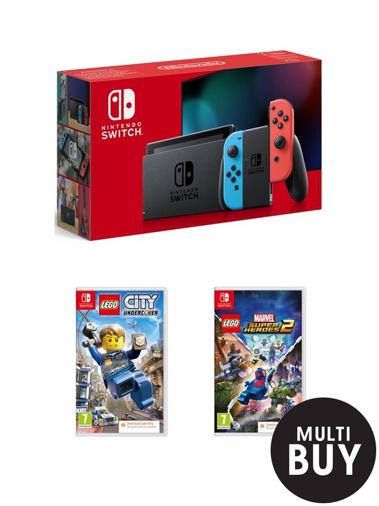 front image of nintendo-switch-neon-console-with-lego-marvel-super-heroes-2-amp-lego-city-undercover