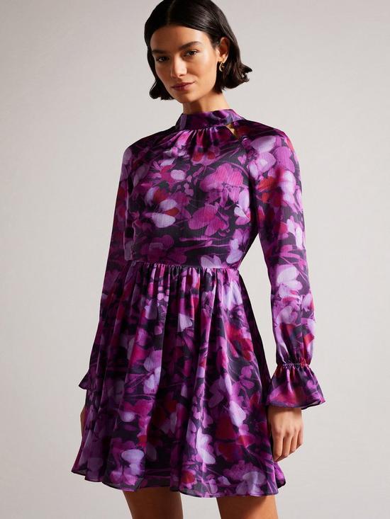 front image of ted-baker-sammieh-high-neck-fit-and-flare-mini-dress-purple