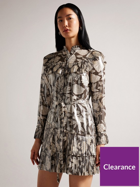 front image of ted-baker-alyvia-ruffle-detail-mini-shirt-dress-brown