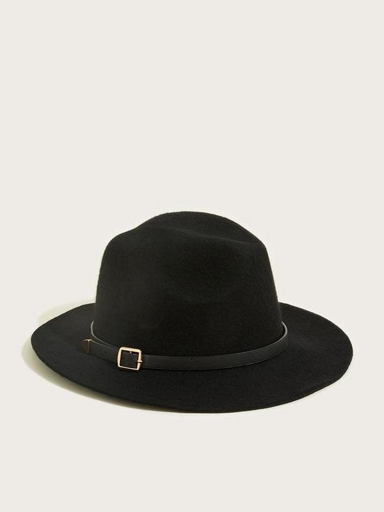 front image of monsoon-black-buckle-trim-fedora-hat