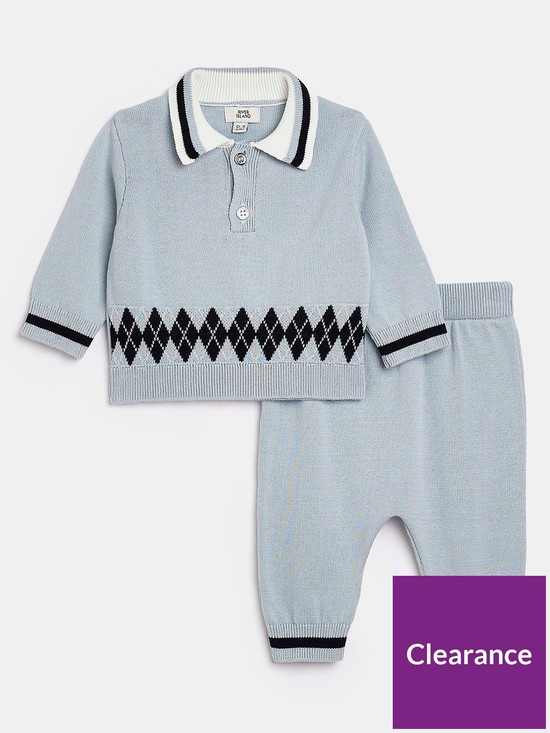 front image of river-island-baby-baby-boys-knitted-argylenbspjogger-set--nbspblue