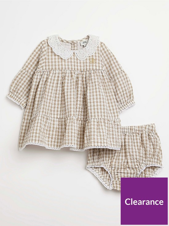 front image of river-island-baby-baby-girls-gingham-smock-dress-and-knicker-set-beige