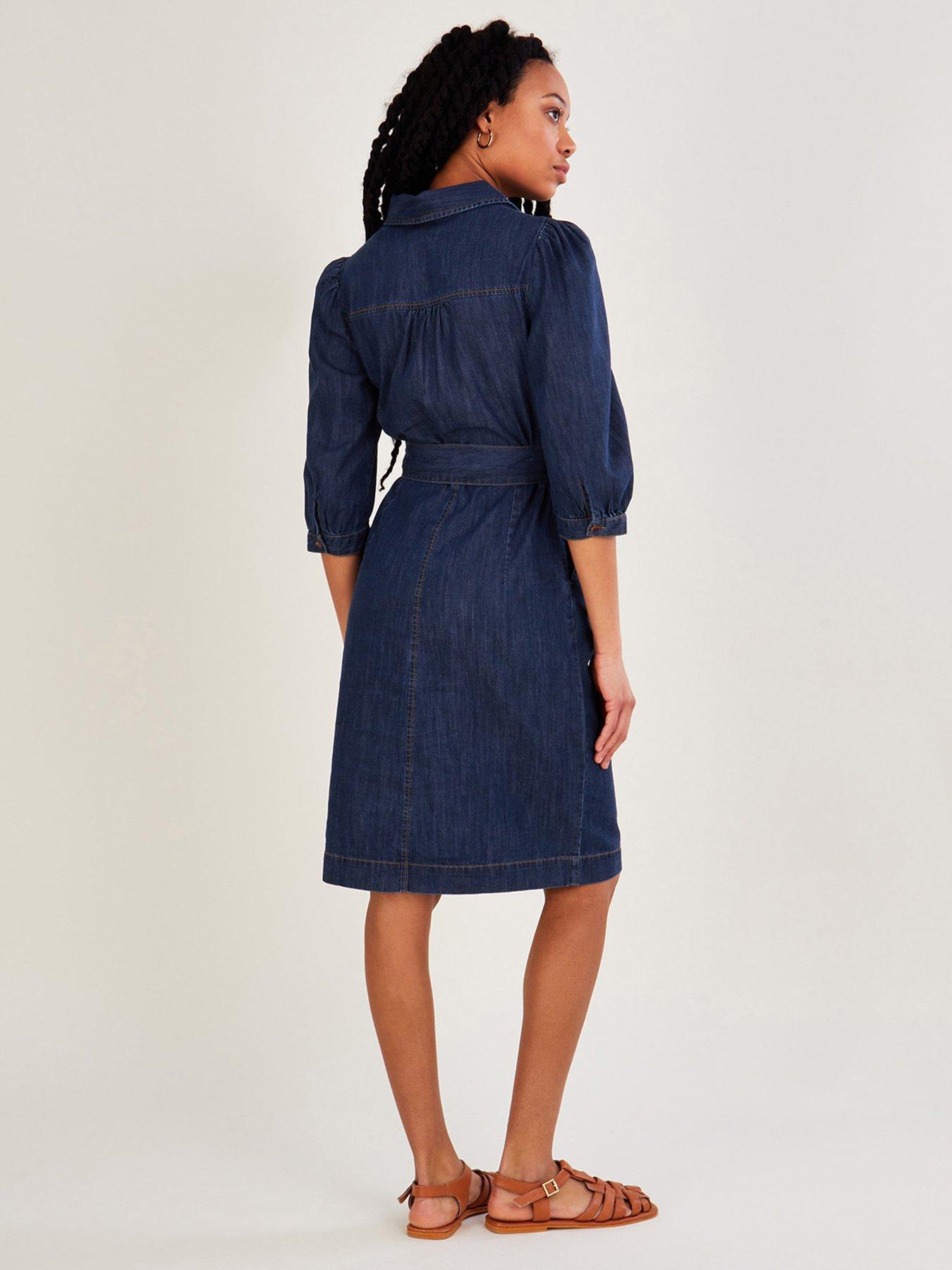 Monsoon Denim Plain Midi Dress Belted V Neck Denim Blue 