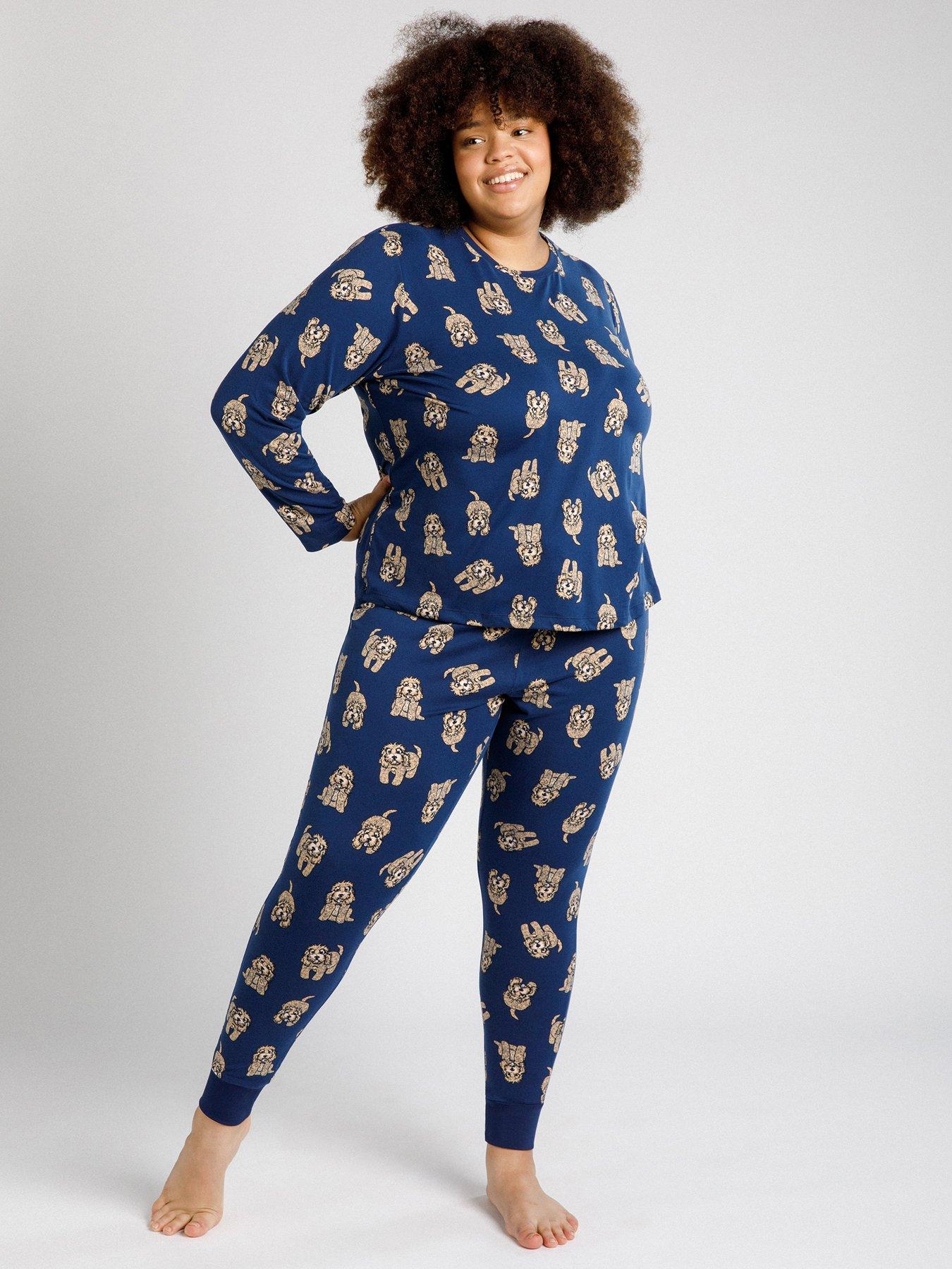 CHELSEA PEERS Curve Long Crew Cockapoo Printed Set - Navy
