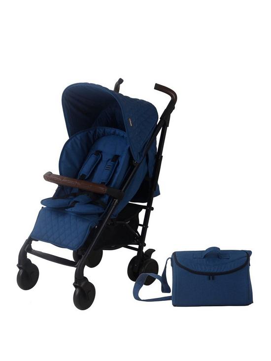front image of my-babiie-mb52-dani-dyer-quilted-navy-melange-lightweight-stroller-with-newborn-insert-changing-bag-and-leatherette