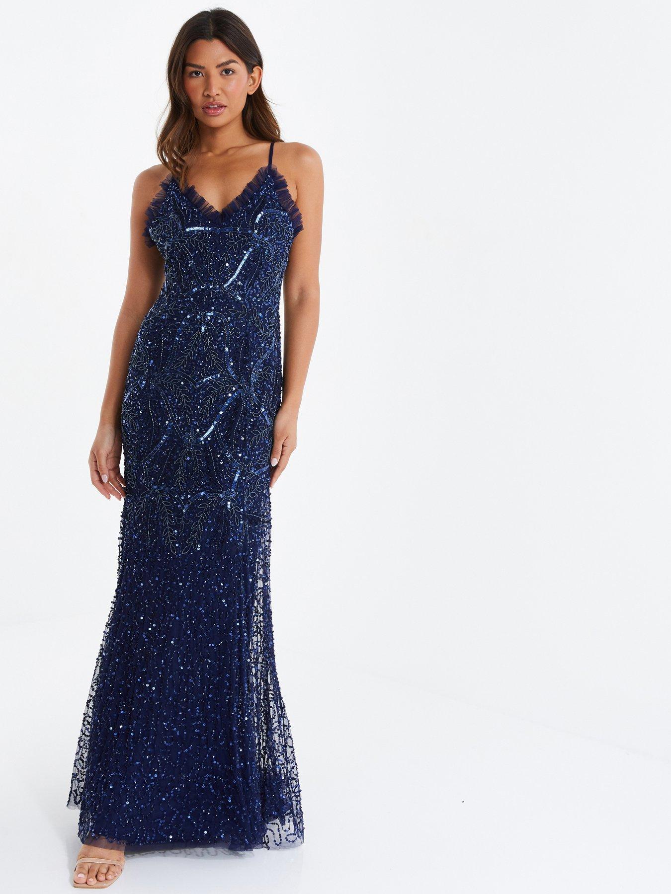 Sequin Tulle Maxi Dress Dark Blue