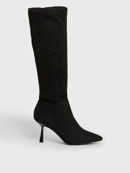 front image of new-look-black-suedette-pointed-stiletto-knee-high-boots