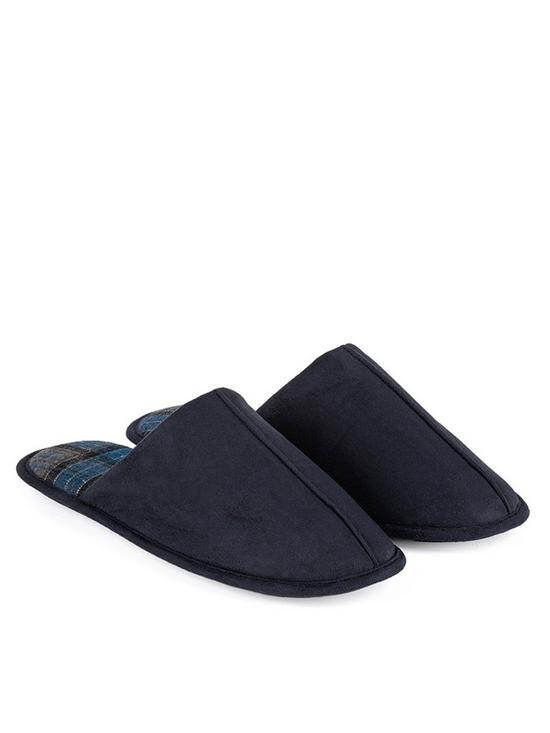 front image of totes-suedette-mule-slippers-with-check-lining-navy