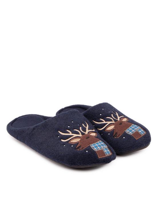 front image of totes-novelty-applique-mule-slippers-navy