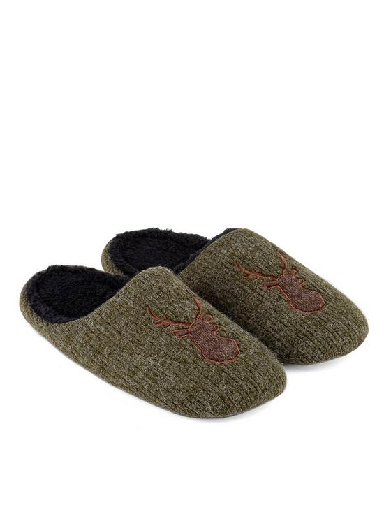 front image of totes-novelty-applique-mule-slippers-green