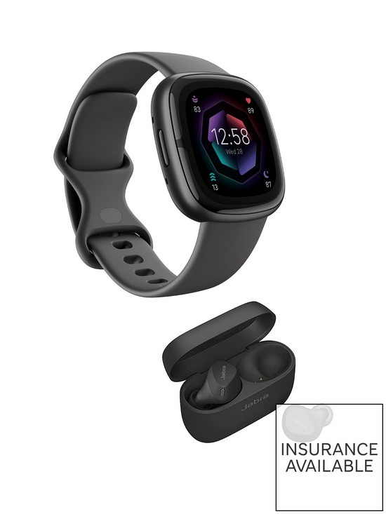 front image of fitbit-sense-2-shadow-greygraphite-aluminum-health-and-fitness-smartwatch-and-jabra-elite-4-active-bluetooth-active-noise-cancelling-earbuds
