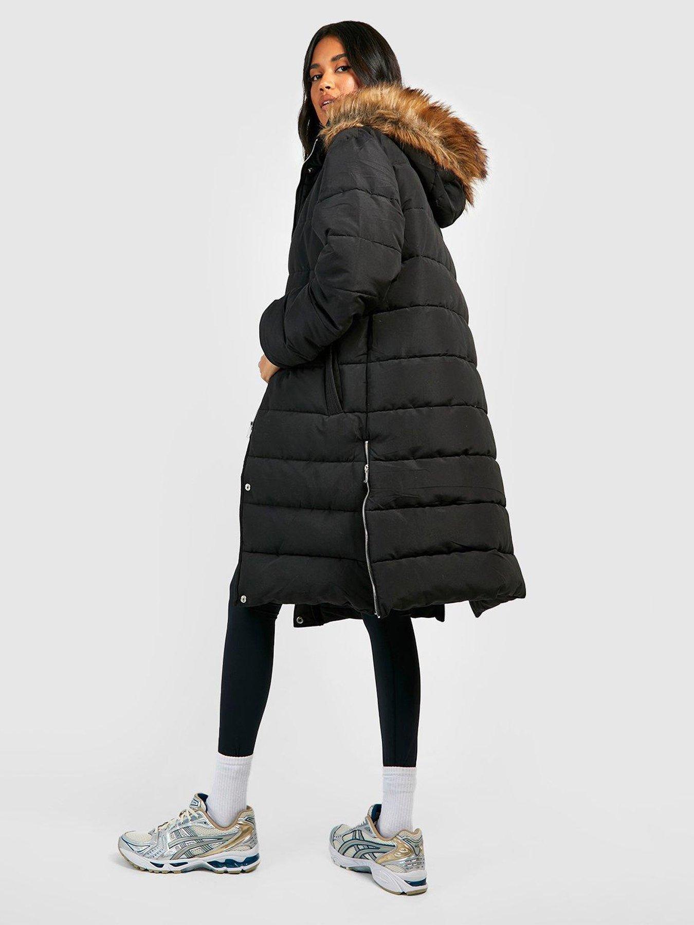 Black faux fur 2025 trim longline parka