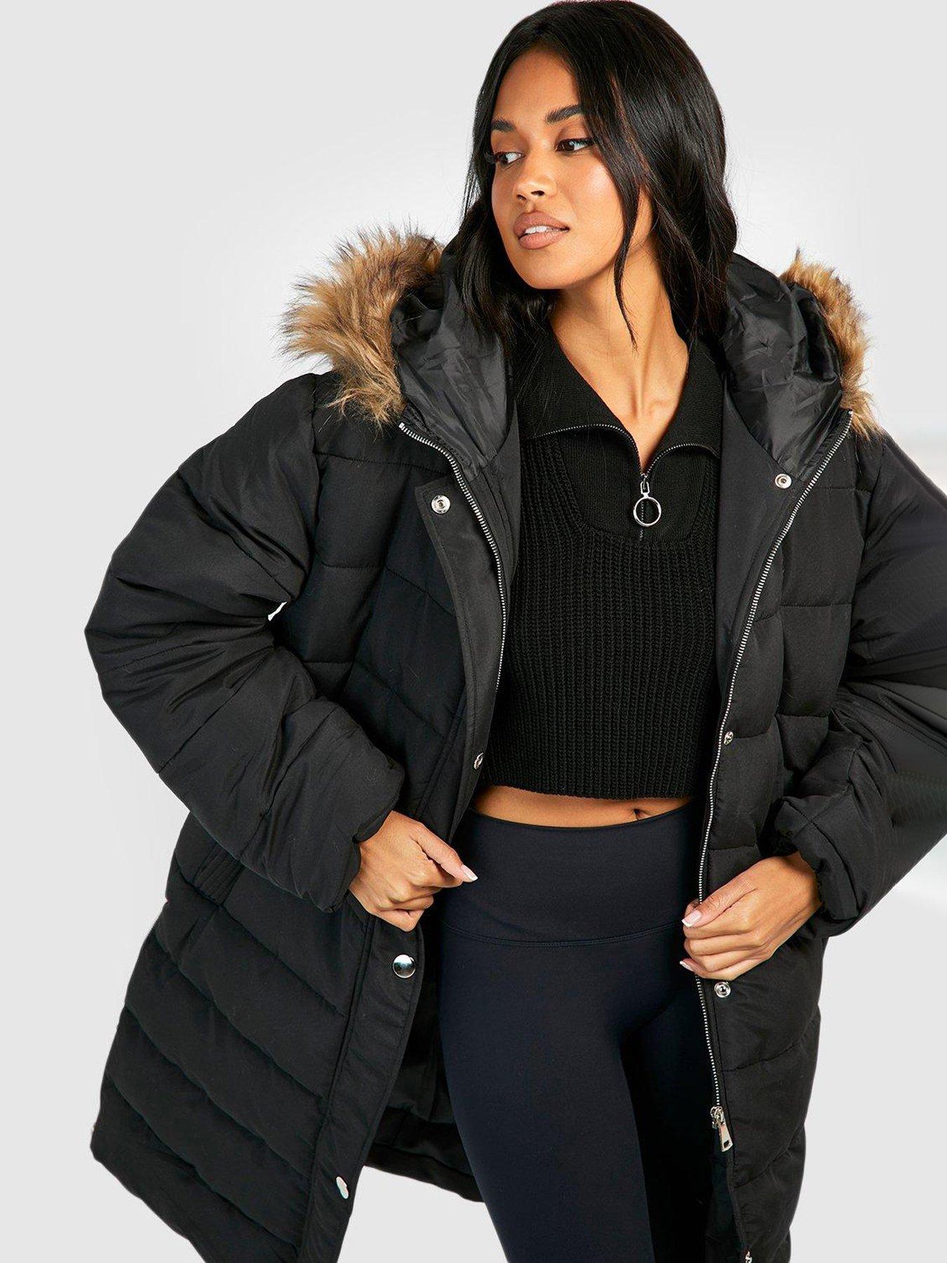 Boohoo black coat cheap with fur hood