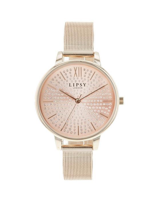 front image of lipsy-rose-gold-mesh-strap-watch-with-rose-gold-dial