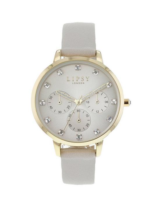 front image of lipsy-grey-strap-watch-with-grey-dial
