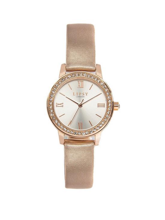 front image of lipsy-rose-gold-strap-watch-with-silver-dial