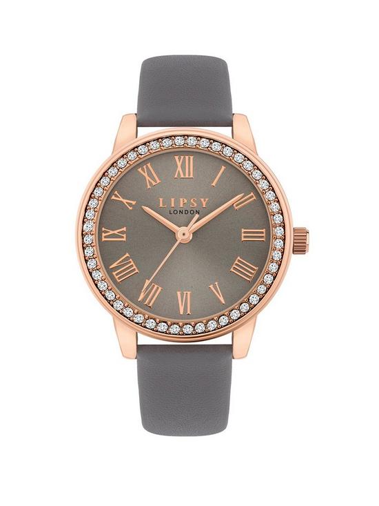 front image of lipsy-grey-strap-watch-with-cool-grey-sunray-dial