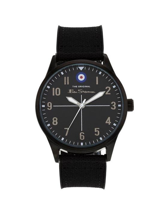 front image of ben-sherman-black-nylon-strap-watch-with-black-dial