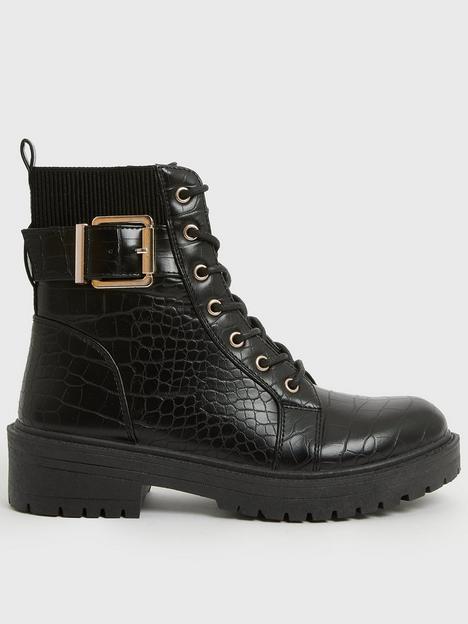 new-look-black-faux-croc-buckle-lace-up-chunky-boots