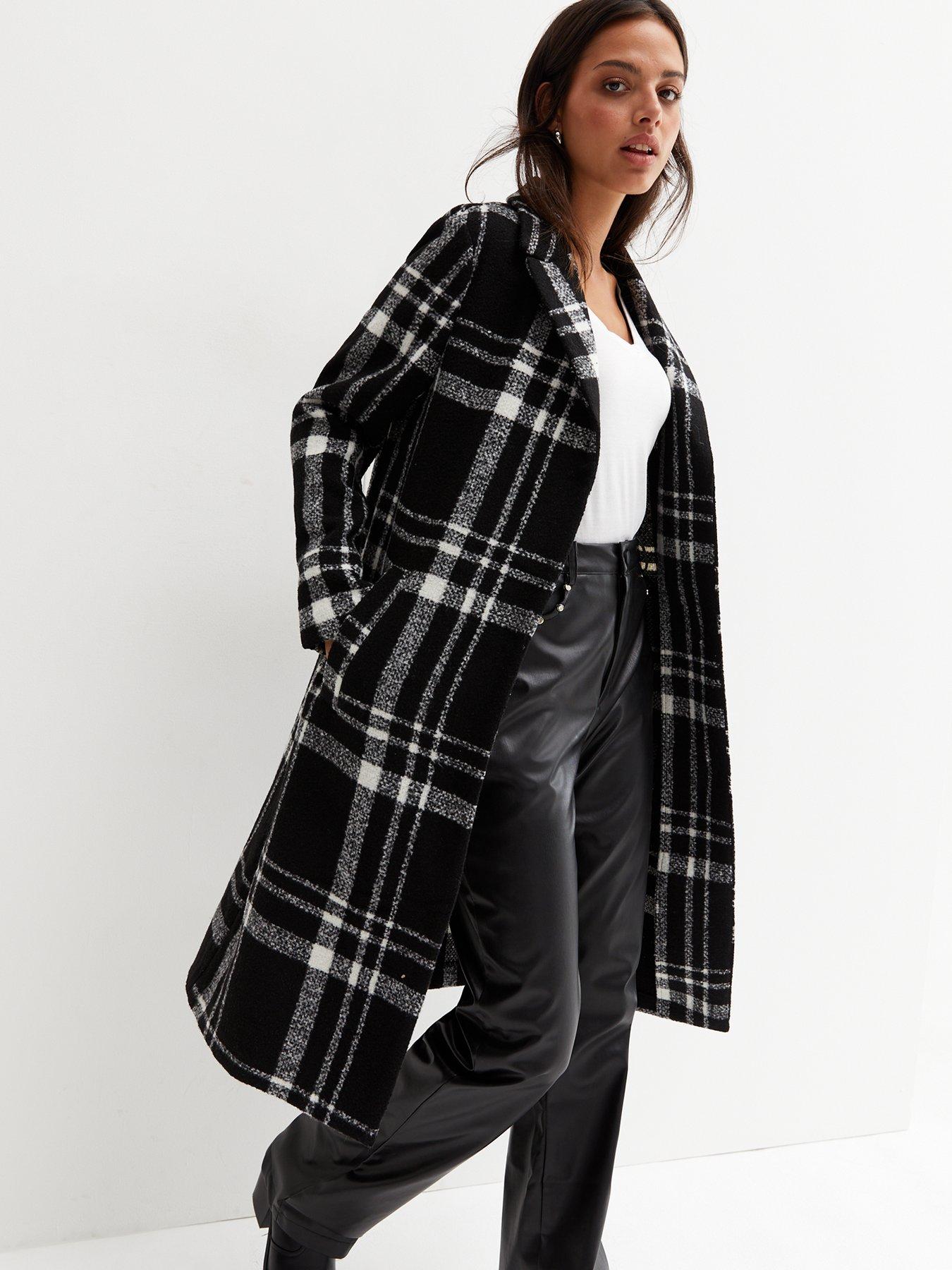 New Look Check Unlined Long Coat Black littlewoods