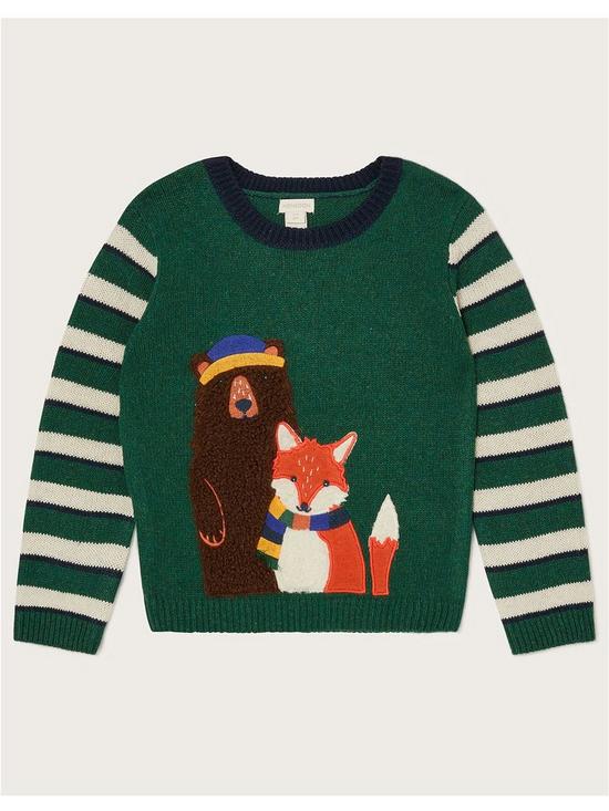 front image of monsoon-boys-woodland-animals-knitted-jumper-green