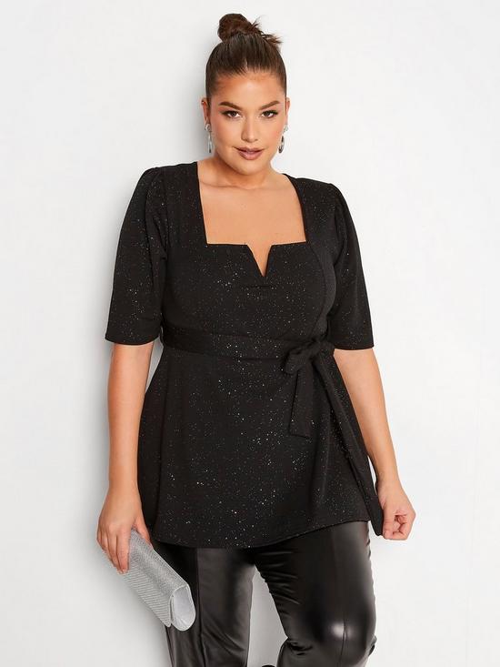 front image of yours-party-notch-neck-peplum-top-black