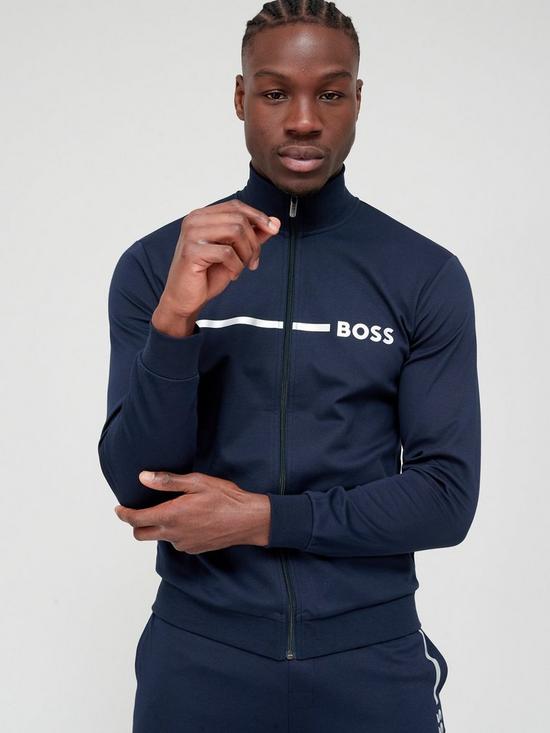 front image of boss-bodywear-tracksuit-lounge-jacket-dark-blue
