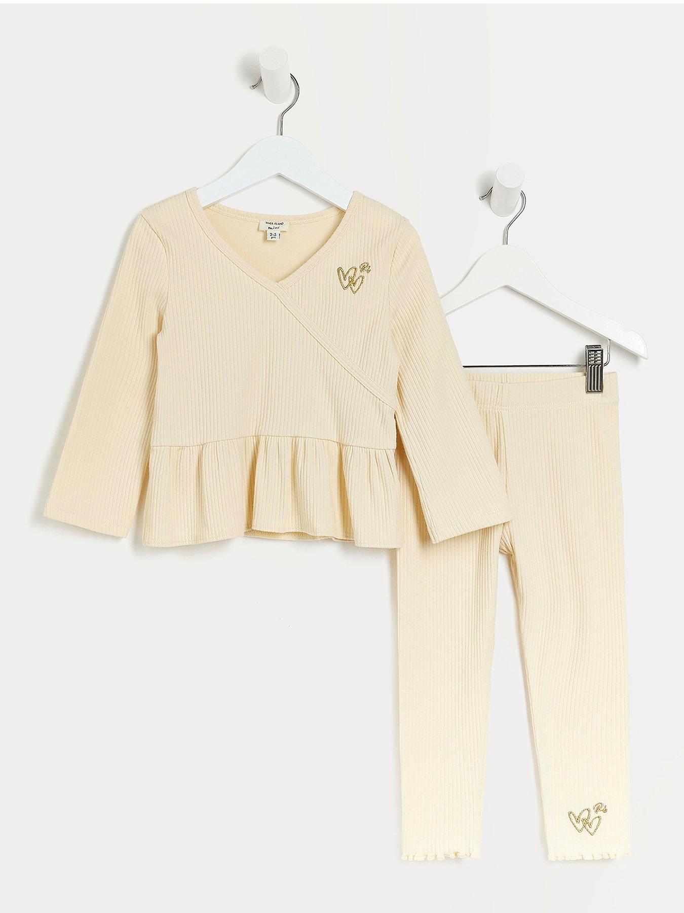 River Island Mini Mini Girls Ribbed Wrap Top and Legging setCream