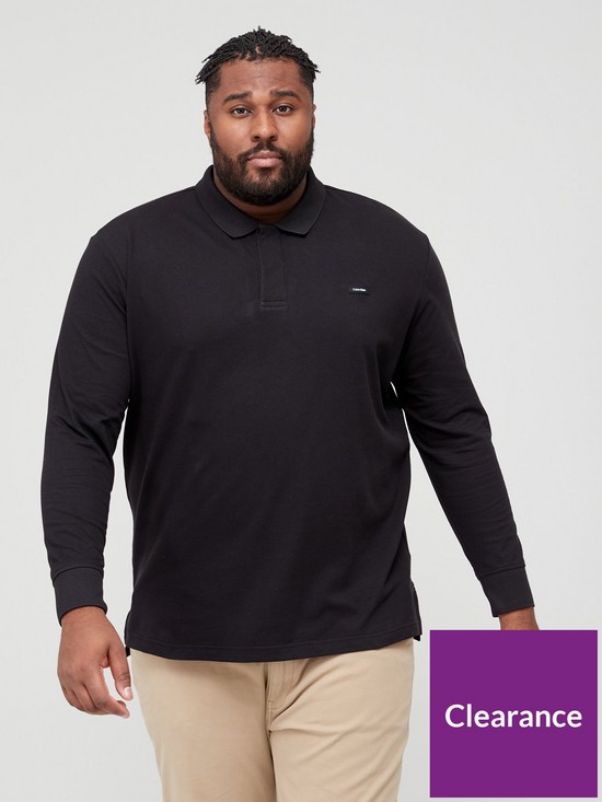 front image of calvin-klein-big-amp-tall-stretch-pique-long-sleeve-polo-shirt-black
