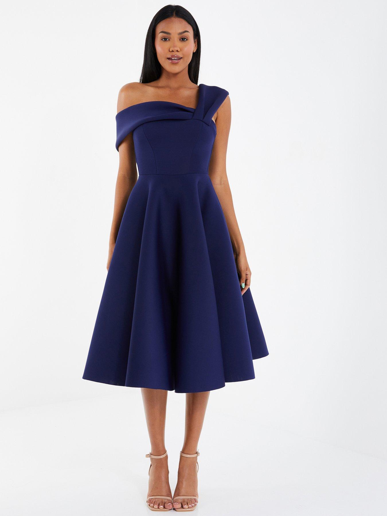 One Shoulder Midi Skater Dress Dark Blue