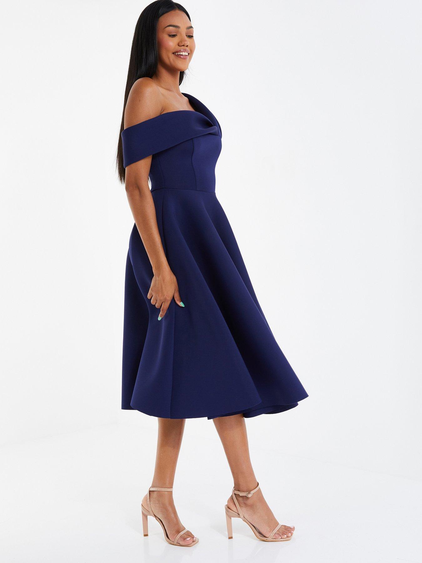 Quiz One Shoulder Midi Skater Dress - Dark Blue | Littlewoods