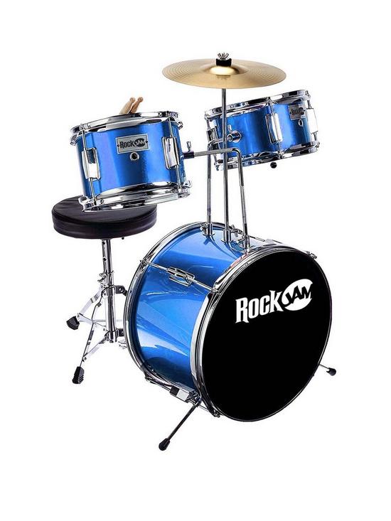 front image of rockjam-3-piece-junior-drum-kit-with-cymbal-pedal-stool-and-sticks-metallic-blue