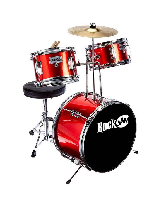 front image of rockjam-3-piece-junior-drum-kit-with-cymbal-pedal-stool-and-sticks-metallic-red