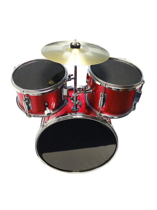 stillFront image of rockjam-3-piece-junior-drum-kit-with-cymbal-pedal-stool-and-sticks-metallic-red
