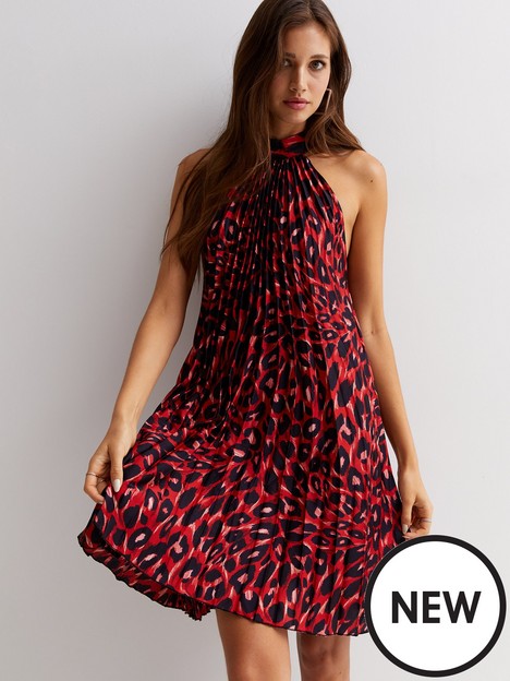 new-look-red-leopard-print-satin-pleated-mini-halter-dress