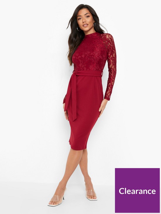 front image of boohoo-high-neck-long-sleeve-lace-midi-dress-berry
