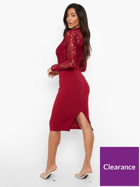 stillFront image of boohoo-high-neck-long-sleeve-lace-midi-dress-berry